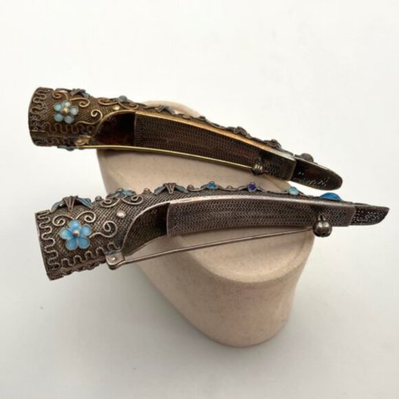 Set Of 2 Antique Chinese Silver Fingernail Guards Pins. Turquoise Coral Stones - Picture 4 of 5